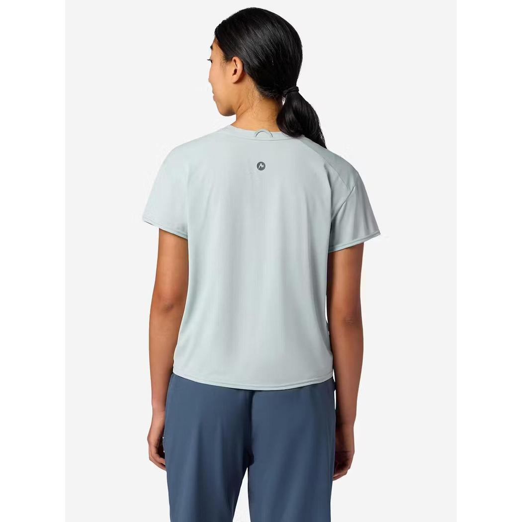 Back view of the Marmot Women's AirExchange SolarShield Crew Short Sleeve in Boulder Crack on a model against a white background.