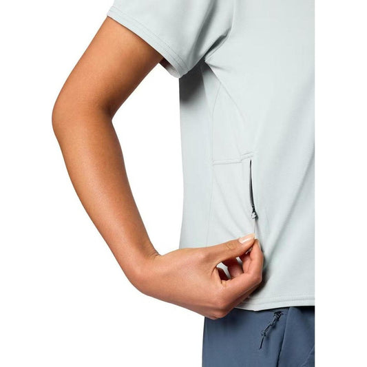 Side view of the Marmot Women's AirExchange SolarShield Crew Short Sleeve in Boulder Crack showing the zippered pocket against a white background.