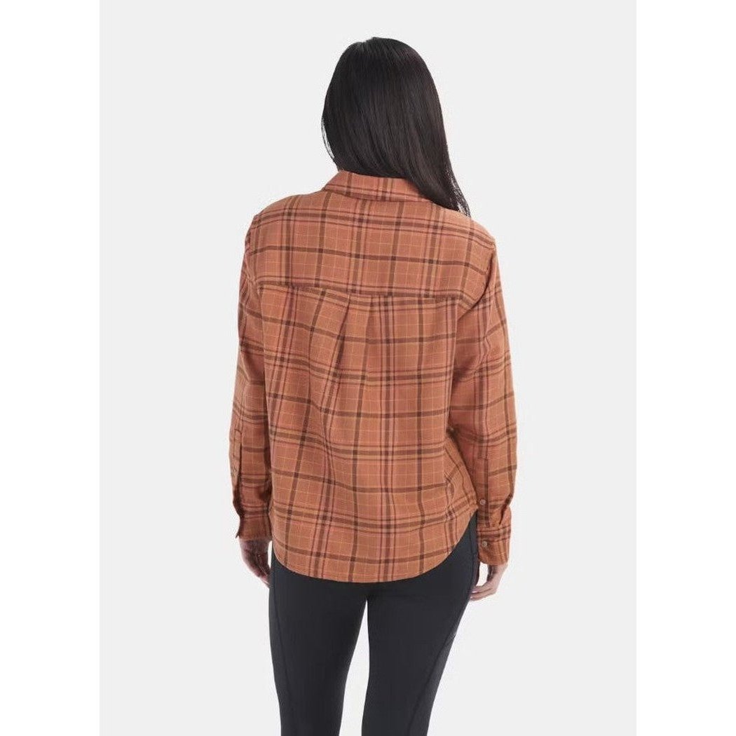 Back view of the Marmot Women's Fairfax Novelty Lightweight Flannel Long Sleeve in Auburn on a model against a plain white background.