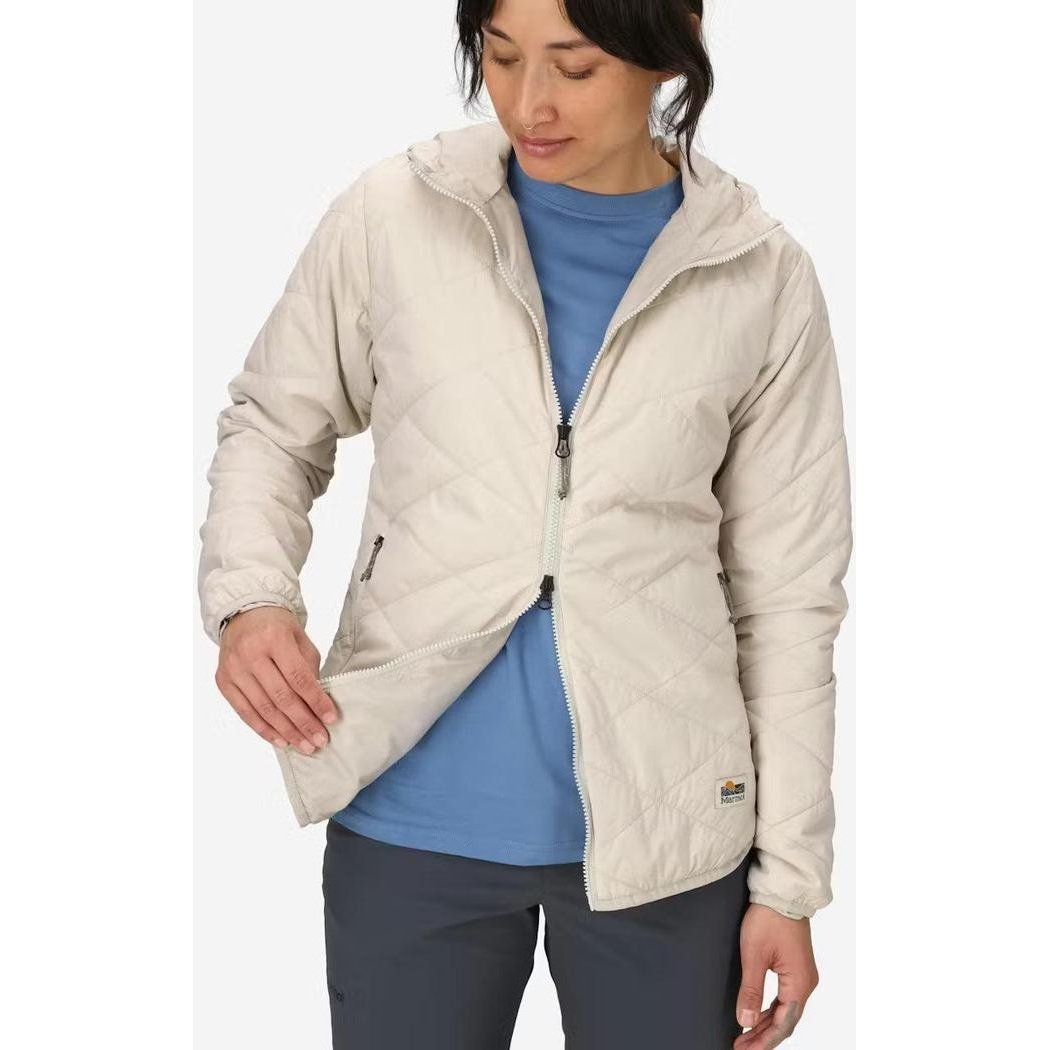 A model wears the Marmot Women's Onward Insulated Hoody in Birch Bark, showing the front zipper and pockets against a plain white background.