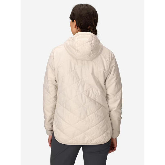Back view of the Marmot Women's Onward Insulated Hoody in Birch Bark on a model against a white background.