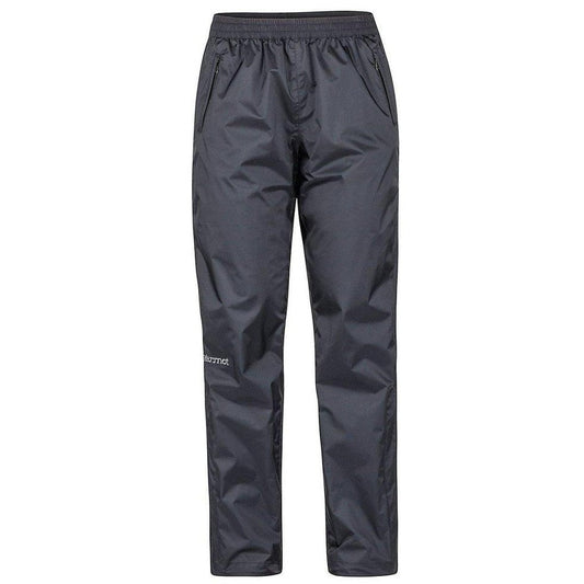 The front view of the Marmot Women's Precip Eco Pant in Black shows the elastic waistband and side pockets against a white background.