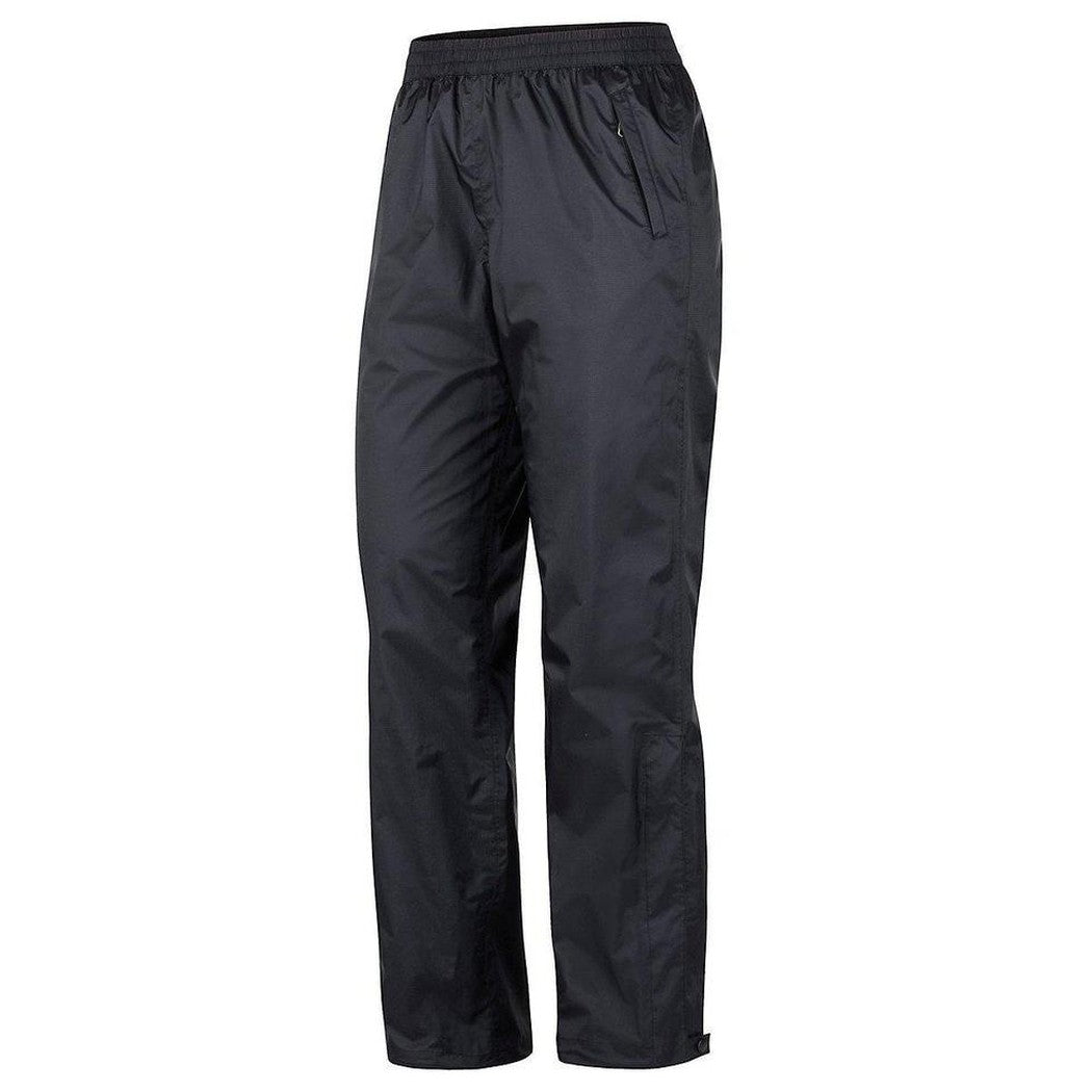 Black Marmot Women's Precip Eco Pant shown from the front with an elastic waistband and side pockets against a white background.