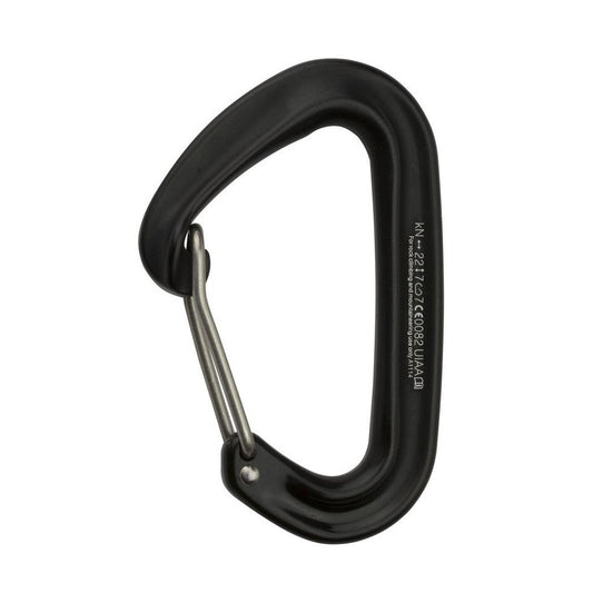 A black Metolius FS Mini II carabiner with a metal gate, shown from a side angle against a white background.