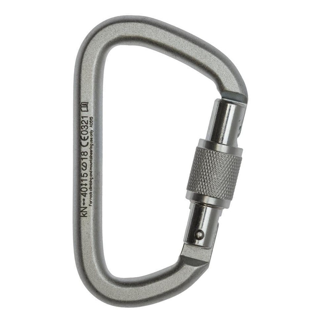 A silver Metolius Steel Screw Lock Biner shown from the side with a textured screw lock mechanism against a white background.