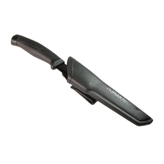 A side view of the Morakniv Bushcraft Black knife with its sheath, showing the clip and branding against a white background.