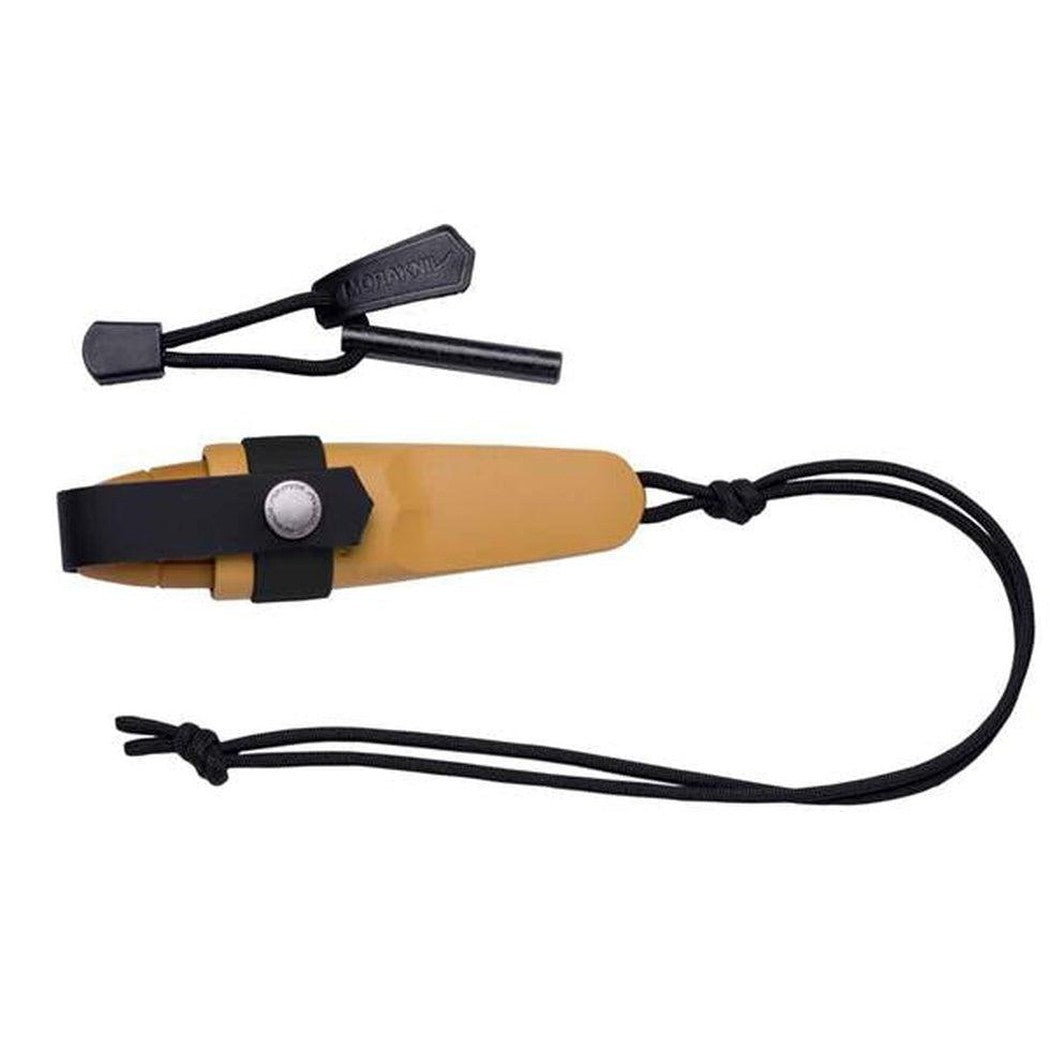 A top-down view of the Morakniv Eldris Knife Kit in Black showing the sheath and attached fire starter against a white background.