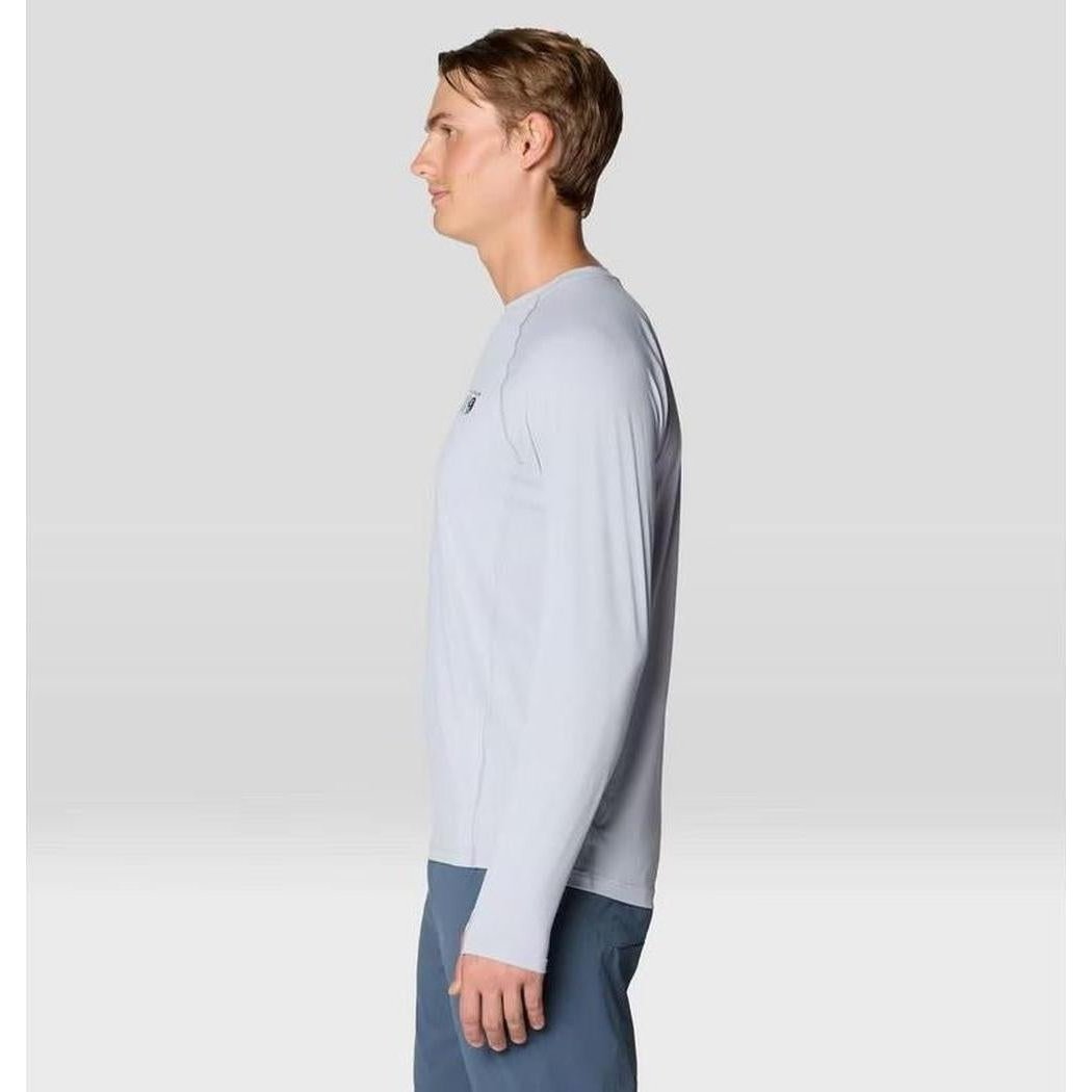 Side view of the Mountain Hardwear Men's Crater Lake Long Sleeve Crew in Glaical against a light gray background.