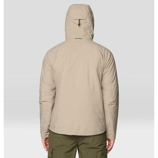 Back view of the Mountain Hardwear Men's Stretch Ozonic Insulated Jacket in Dunes, showing the hood and cargo pants on a model against a light background.