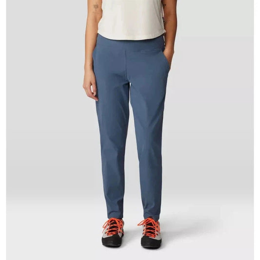 A front view of the Mountain Hardwear Women's Dynama Ankle Pant in Black on a model against a plain white background.