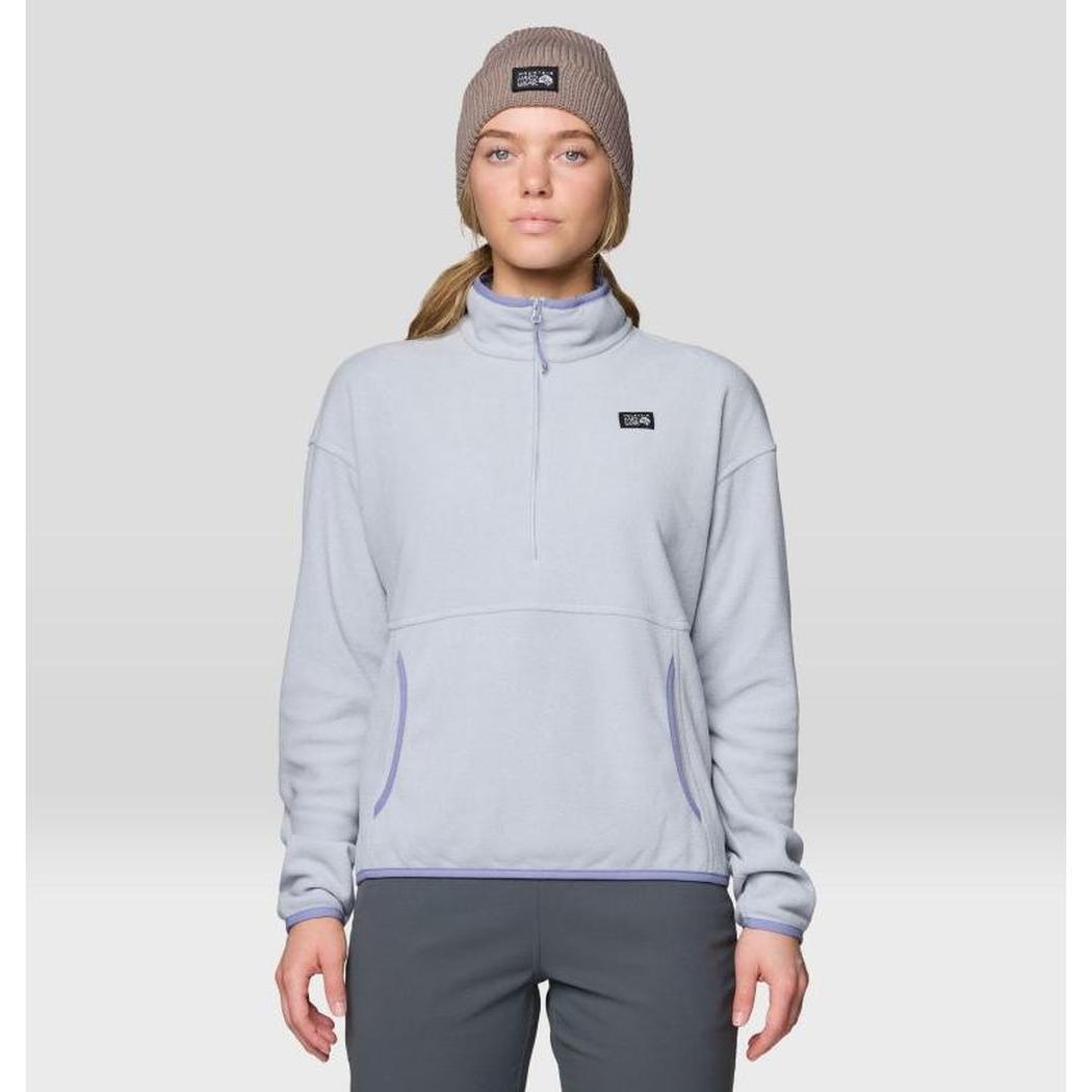 A front view of the Mountain Hardwear Women's Microchill Pullover in Glacial Heather on a model against a light gray background.