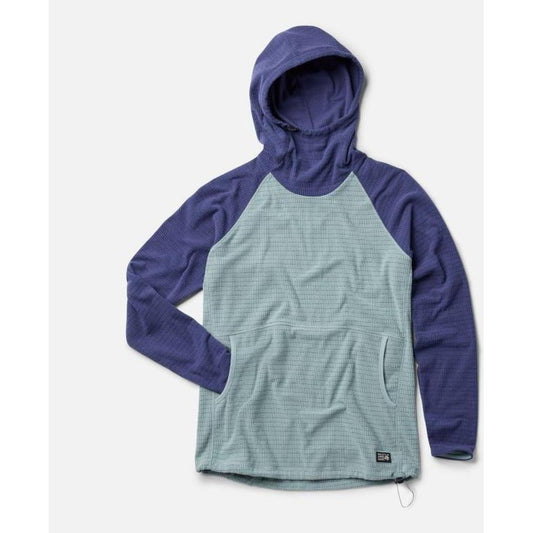 A front view of the Mountain Hardwear Women's Summit Grid Tunic Hoody in Ice Shadow/Lapis Dusk with a hood and front pocket against a white background.