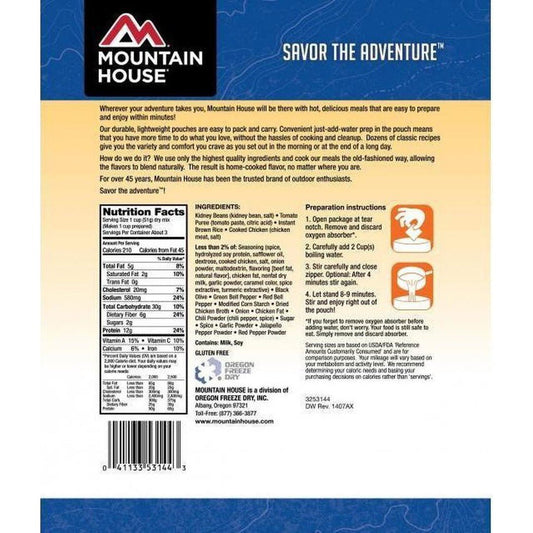Back of Mountain House Mexican Style Rice and Chicken backpacking food package showing nutrition facts and preparation instructions.