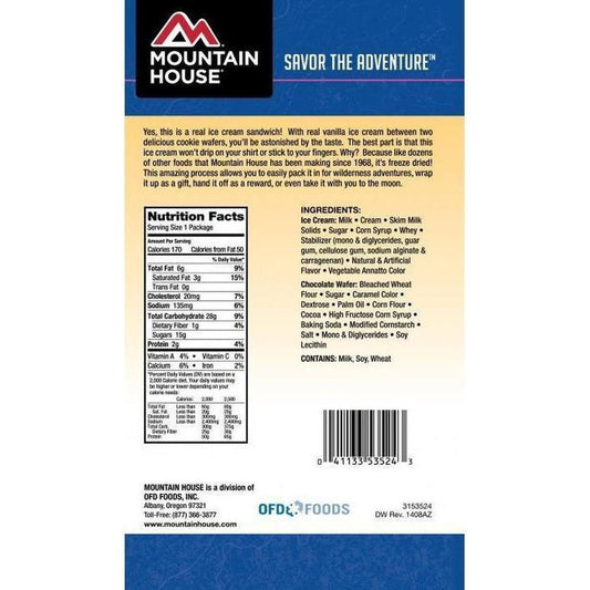Back of Mountain House Vanilla Ice Cream Sandwich backpacking food package showing nutrition facts and ingredients.