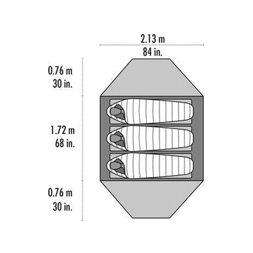 Top-down view of the MSR Elixir 3 Tent V2 showing three sleeping bags inside against a white background.