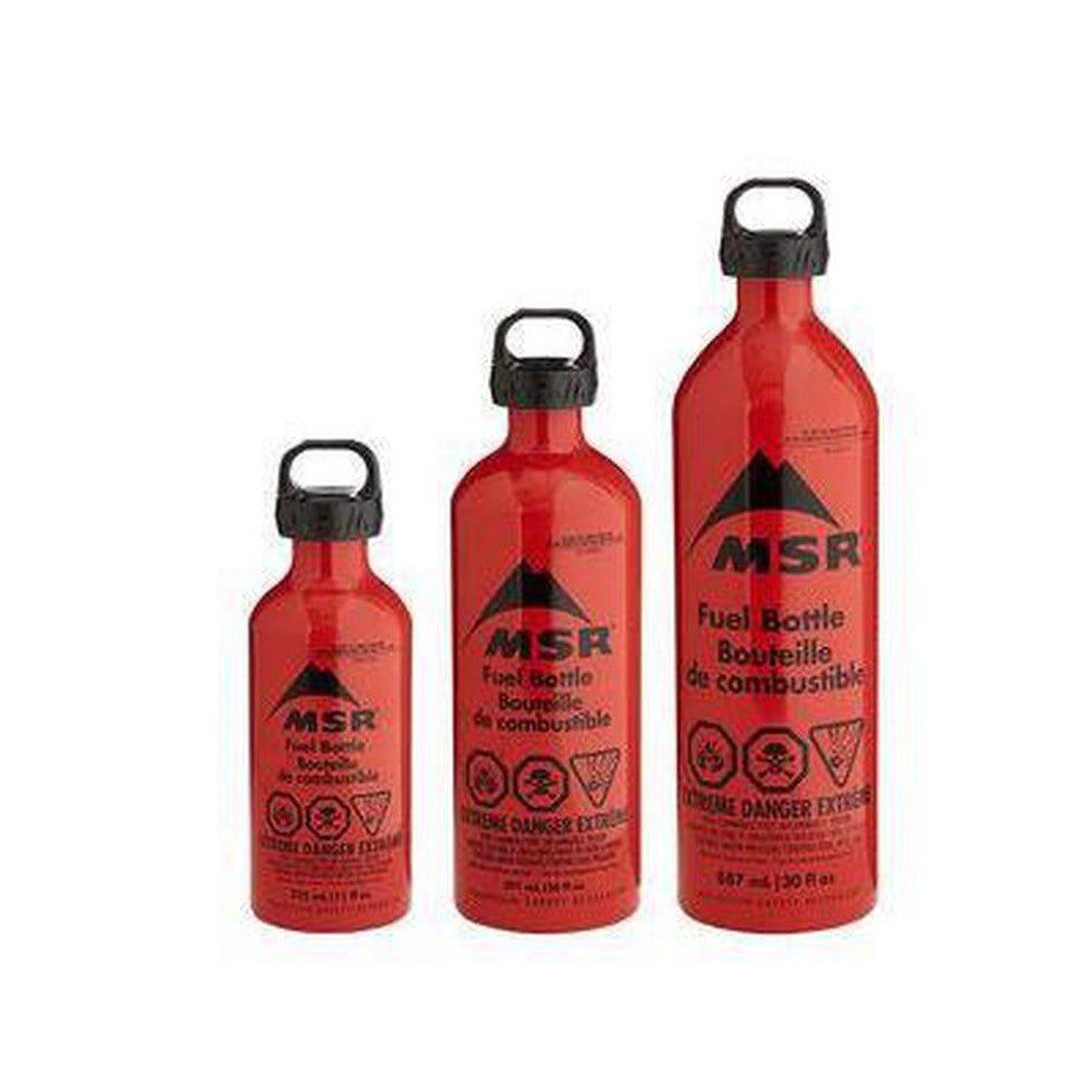 Three red MSR Fuel Bottles in 11oz sizes, side by side against a white background.
