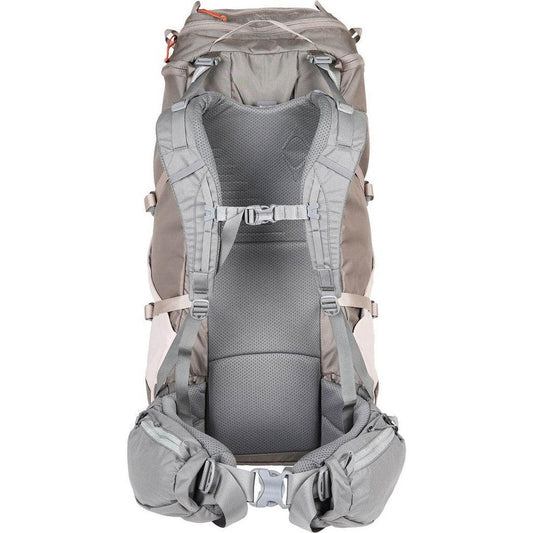 Back view of the Mystery Ranch Backpacks Women's Coulee 50 in Pebble showing the padded back panel and hip belt against a white background.