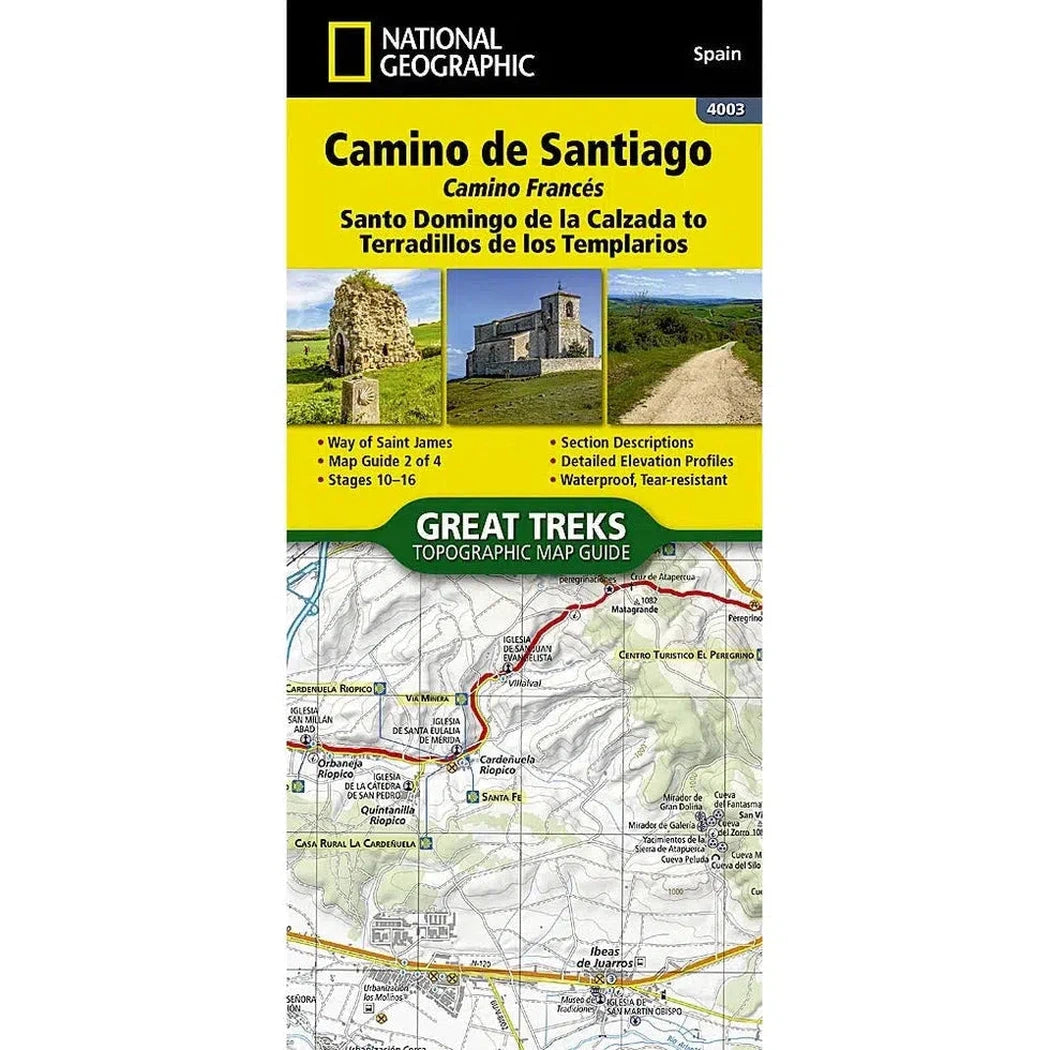 A National Geographic Camino de Santiago map guide showing a topographic map and images of a stone ruin, a church, and a dirt path.