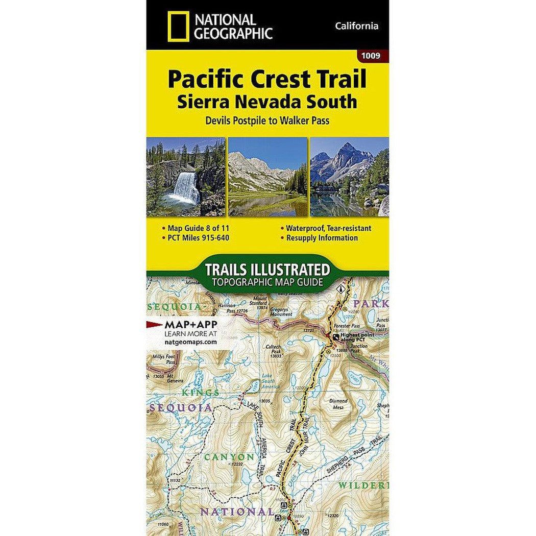 National Geographic Pacific Crest Trail Sierra Nevada South map showing topographic details and trail images.