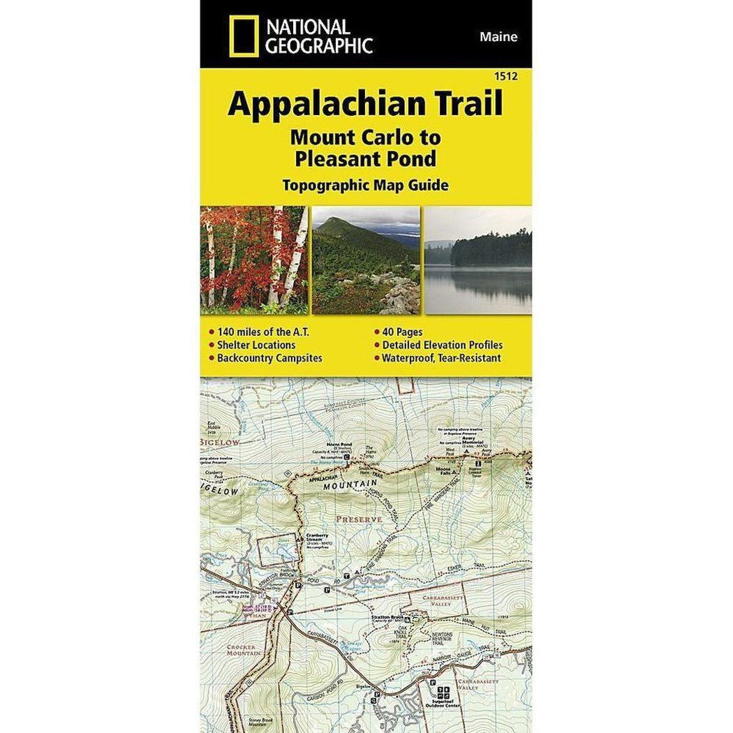 National Geographic Appalachian Trail Mount Carlo to Pleasant Pond topographic map guide showing a detailed map and scenic images on the cover.