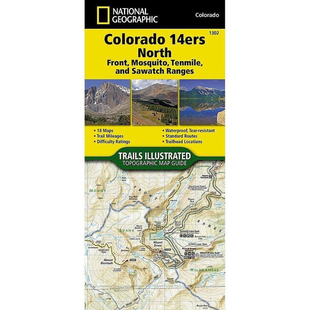 National Geographic Trails Illustrated Colorado 14ers North Map showing a topographic map with mountain images above.