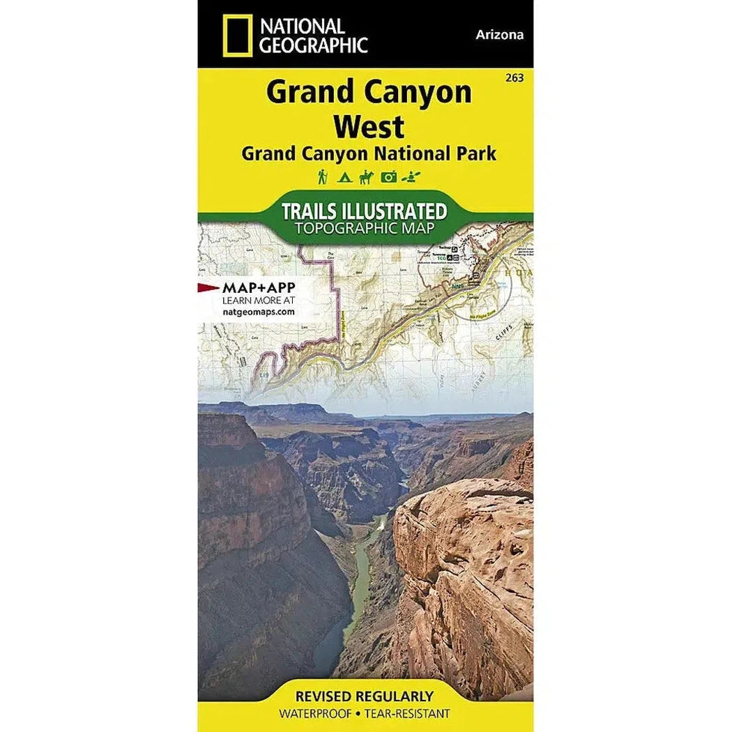 National Geographic Grand Canyon West Trails Illustrated topographic map showing the canyon landscape and a close-up of the map design.