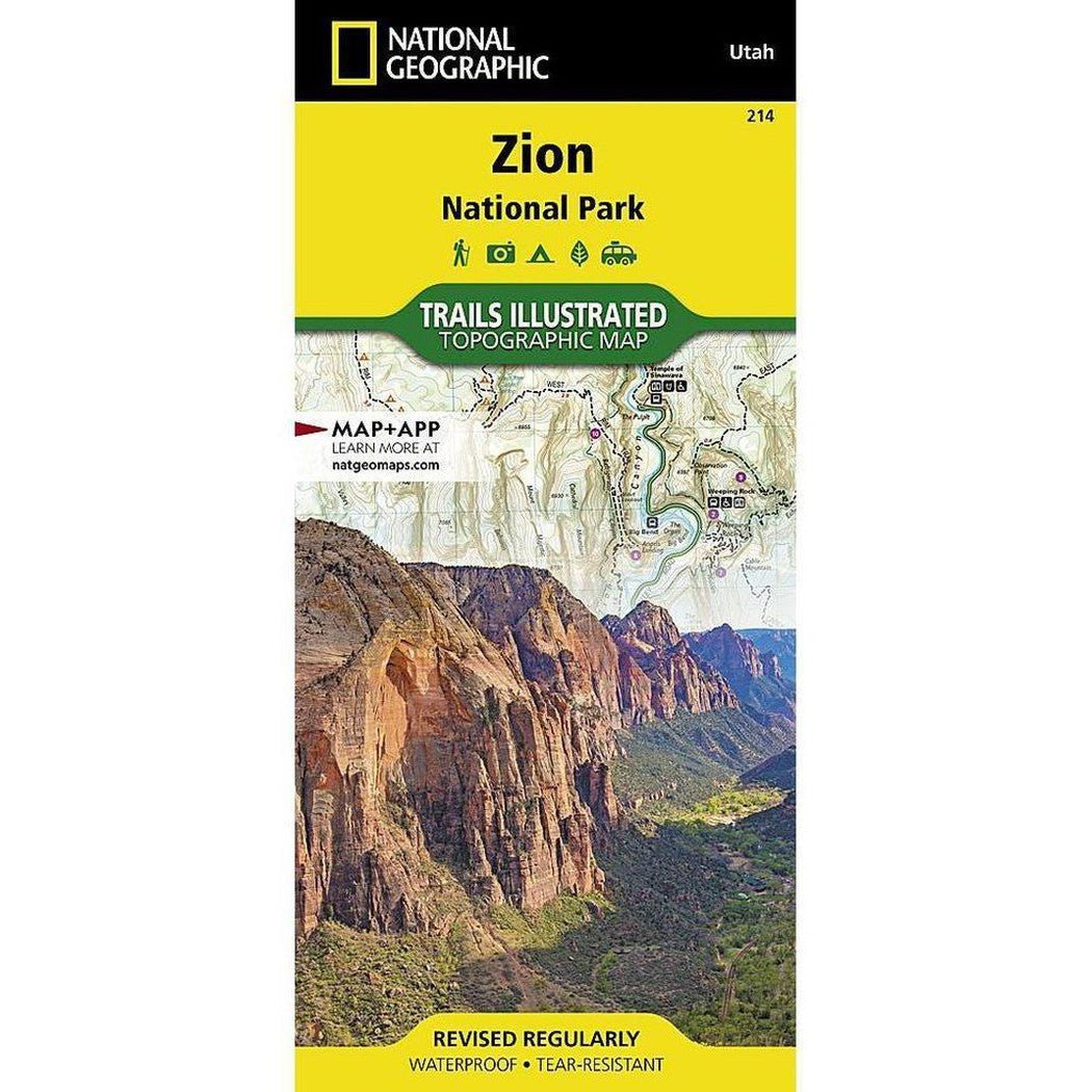 National Geographic Zion National Park Trails Illustrated topographic map with a yellow cover and a photo of the park's cliffs.