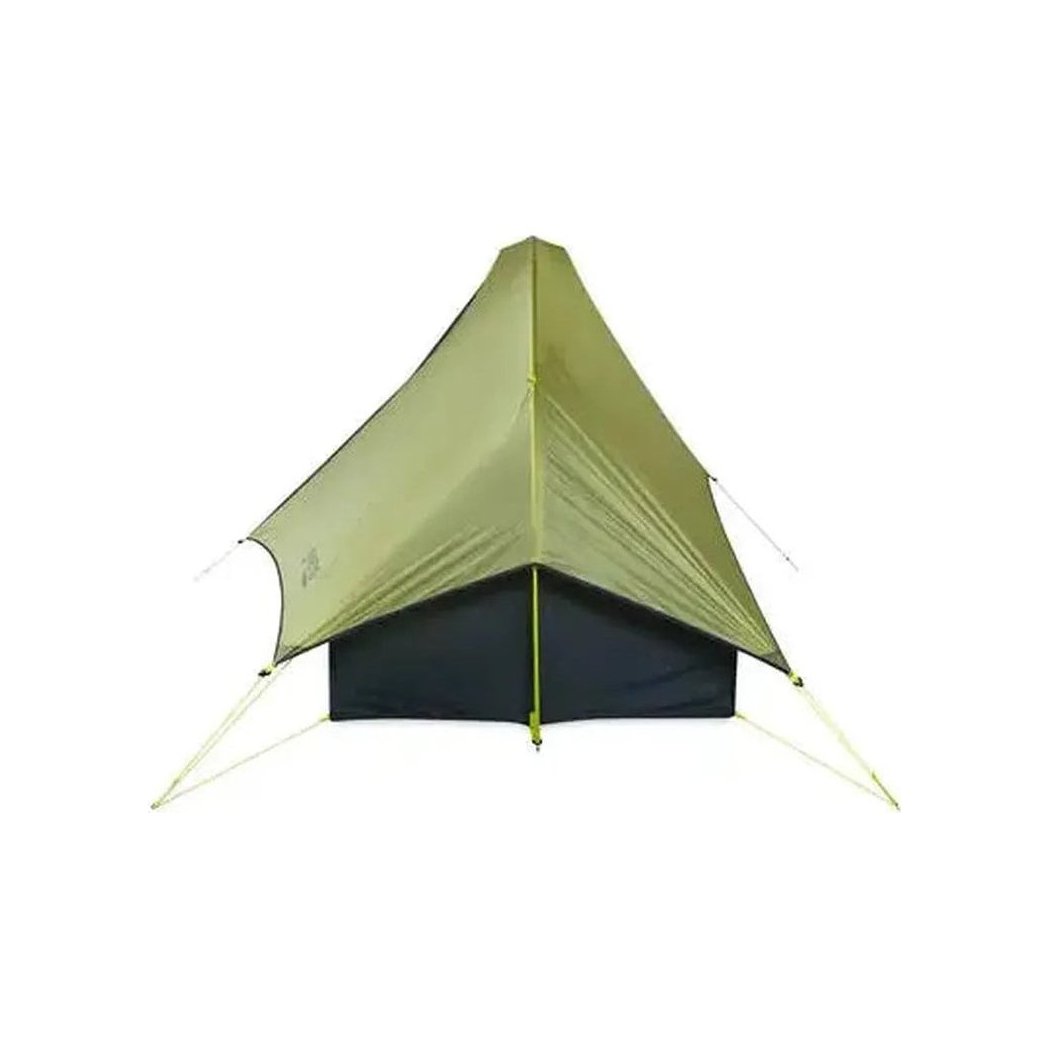 A front view of the NEMO Hornet OSMO Ultralight Backpacking Tent with a dark interior and light green exterior against a white background.