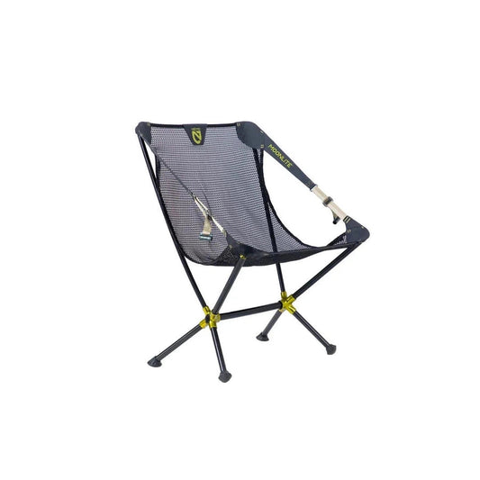 A front view of the NEMO Moonlite Reclining Chair in Black Pearl showing the mesh seat and foldable frame against a white background.