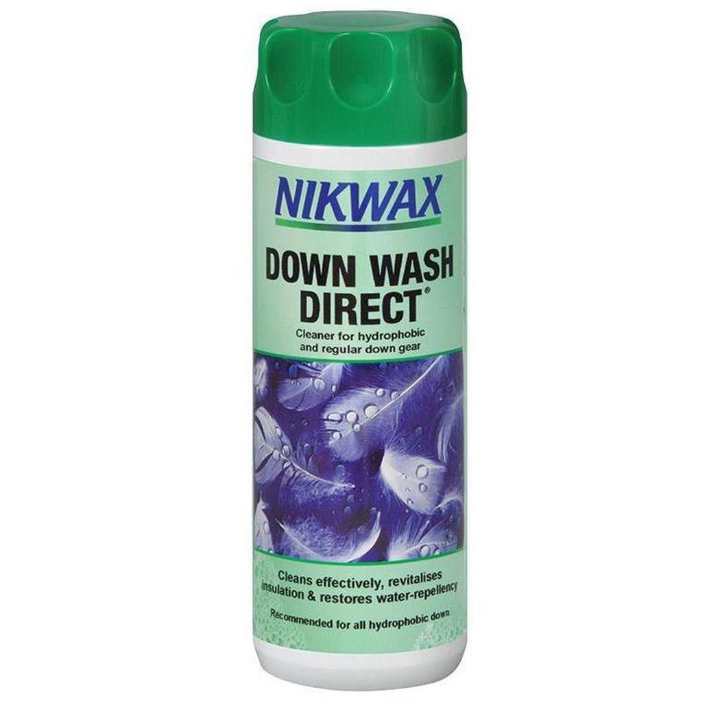 A front view of the Nikwax Down Wash Direct bottle with a green cap and blue feather graphic on a white background.