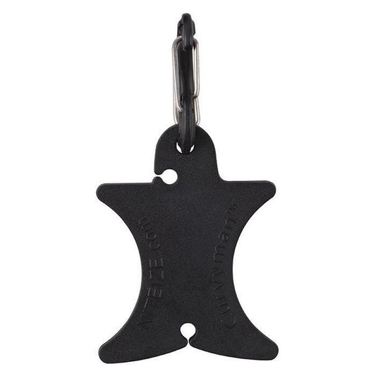 A black Nite Ize Curvyman Cord Supervisor with a carabiner clip, showing its shape and two holes, against a white background.