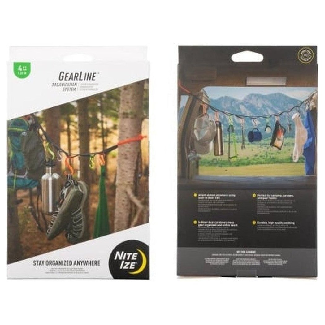 Front and back packaging of the Nite Ize GearLine Organization System showing camping gear hanging in a forest and inside a car.