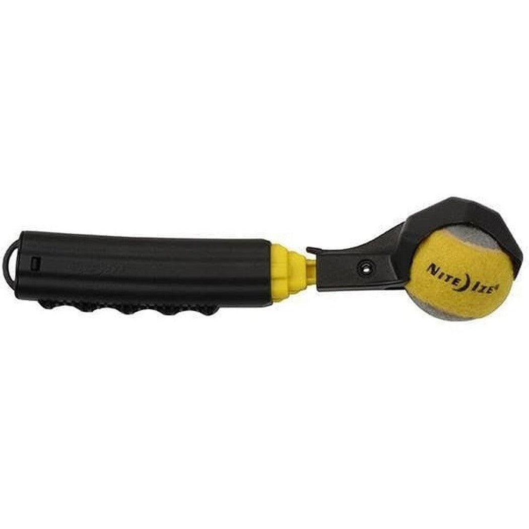 A side view of the Nite Ize Huck 'n Tuck Collapsible Thrower with a black handle and yellow accents against a white background.