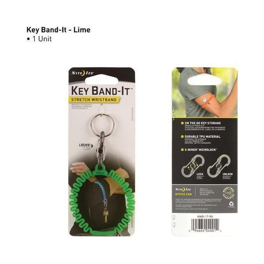 Back view of the Nite Ize Key Band-It Stretch Wristband in Blue showing the 5-Biner MicroLock feature and a model wearing it on their arm.