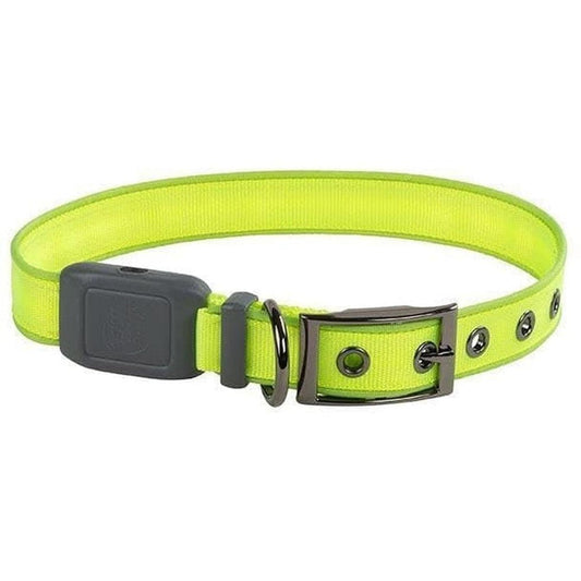 A side view of the Nite Ize Nitedog Rechargeable Led Collar in Blue/Blue LED showing the buckle and metal D-ring against a white background.