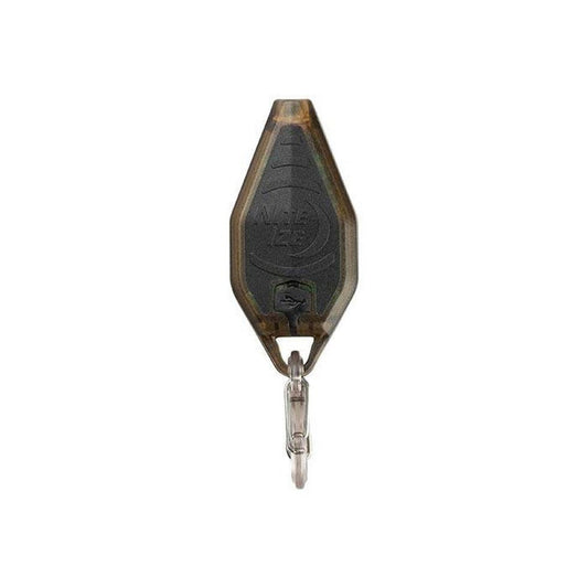 A front view of the Nite Ize Radiant Rechargeable Microlight in Coyote/WhiteLED with a metal carabiner, set against a plain white background.