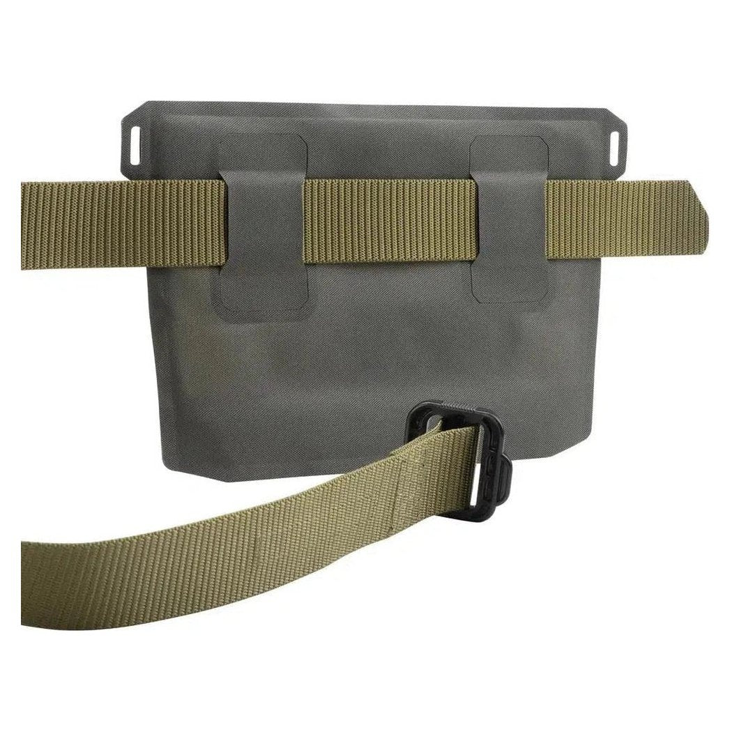 A charcoal Nite Ize RunOff Waterproof 3-3-1 Pouch with a tan strap and buckle, shown from the front against a white background.