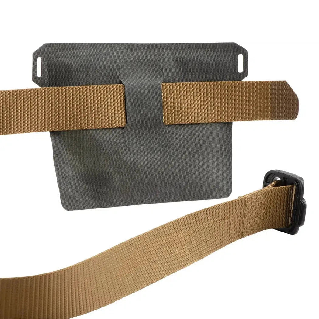 A charcoal Nite Ize RunOff Waterproof Pocket with tan straps and a black buckle, shown from a front angle against a white background.
