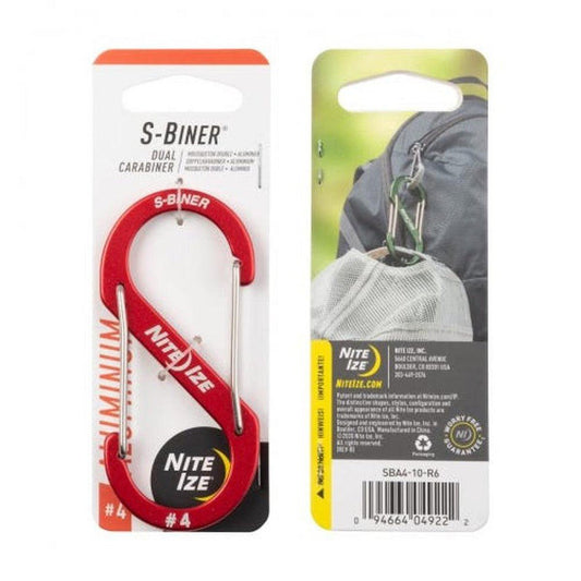 A front and back view of the Nite Ize S-Biner Aluminum Dual Carabiner #2 in orange packaging.