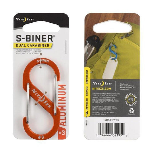 Front and back packaging of the Nite Ize S-Biner Aluminum Dual Carabiner #3 showing the orange carabiner and product details.