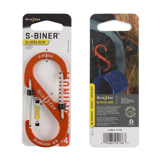 Front and back packaging of the Nite Ize S-Biner Slidelock Aluminum #4 carabiner, showing the orange clip and outdoor use.