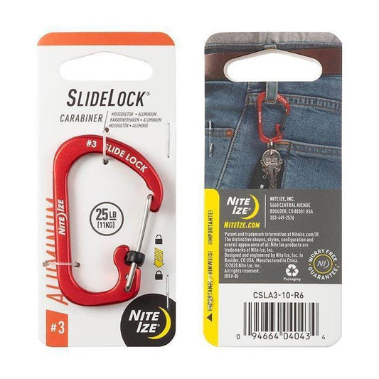 A front and back view of the red Nite Ize SlideLock Carabiner Aluminum #3 showing the packaging and a model wearing it on jeans.