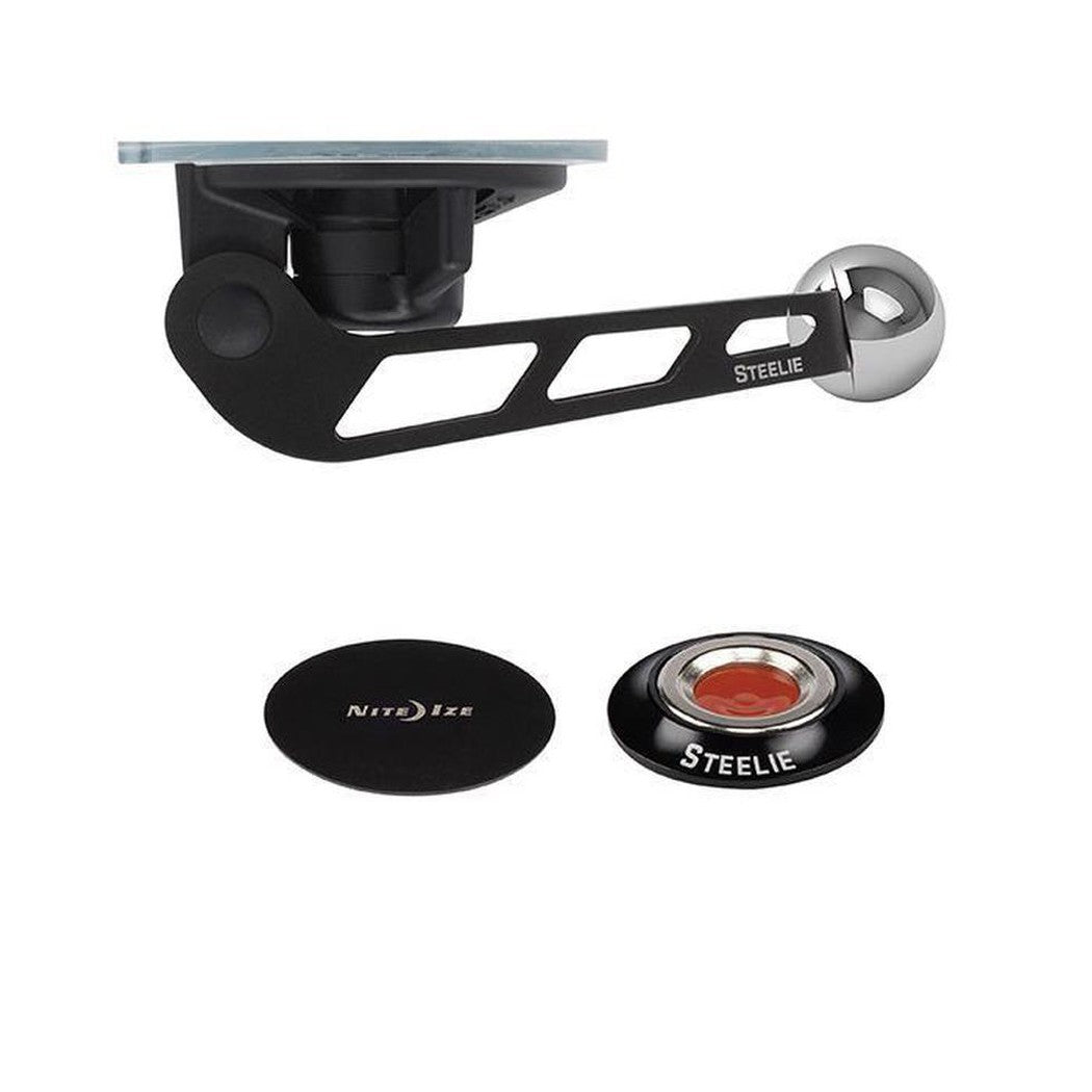 A black Nite Ize Steelie Orbiter Windshield Kit with a silver ball mount and two black accessories against a white background.