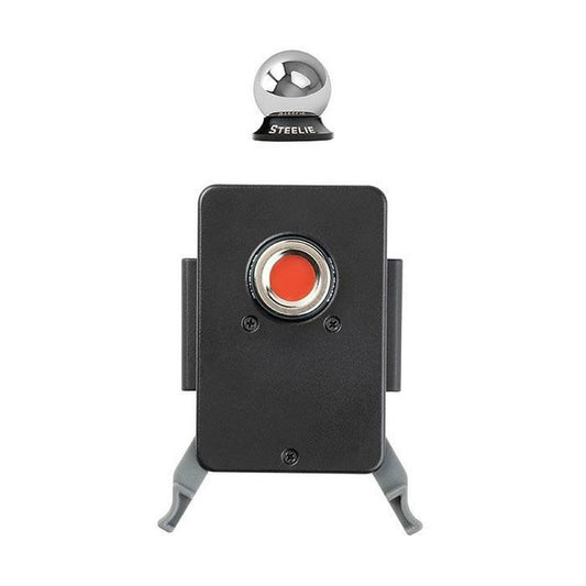 A black Nite Ize Steelie Squeeze Dash Kit with a red button and gray legs, topped by a silver Steelie ball mount, against a white background.