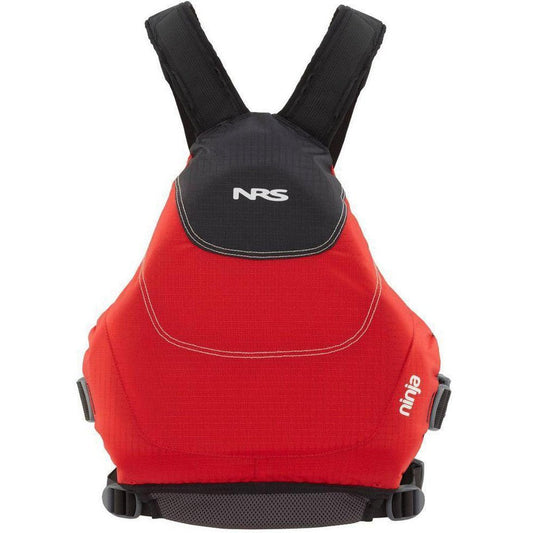 A front view of the red NRS Ninja PFD with black straps and a black top panel against a white background.