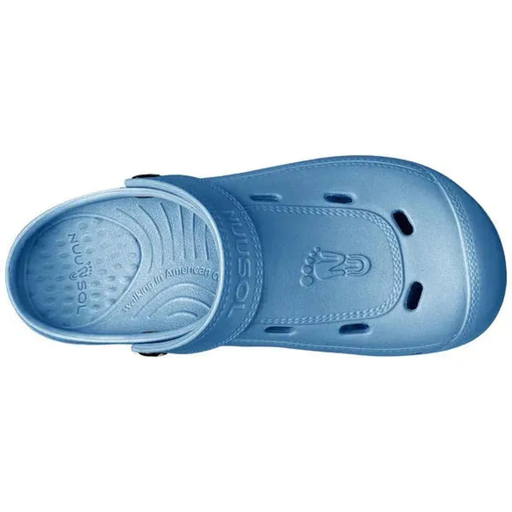 Top view of the NuuSol Kid's McCall Clog in Blue Horizon showing the footbed and ventilation holes against a white background.
