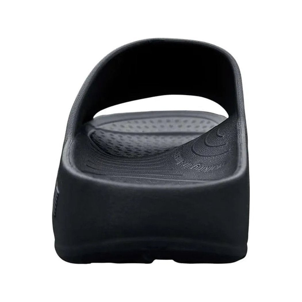 Back view of the NuuSol Men's Sawtooth Slide in Eclipse Black showing the contoured footbed and open heel strap against a white background.