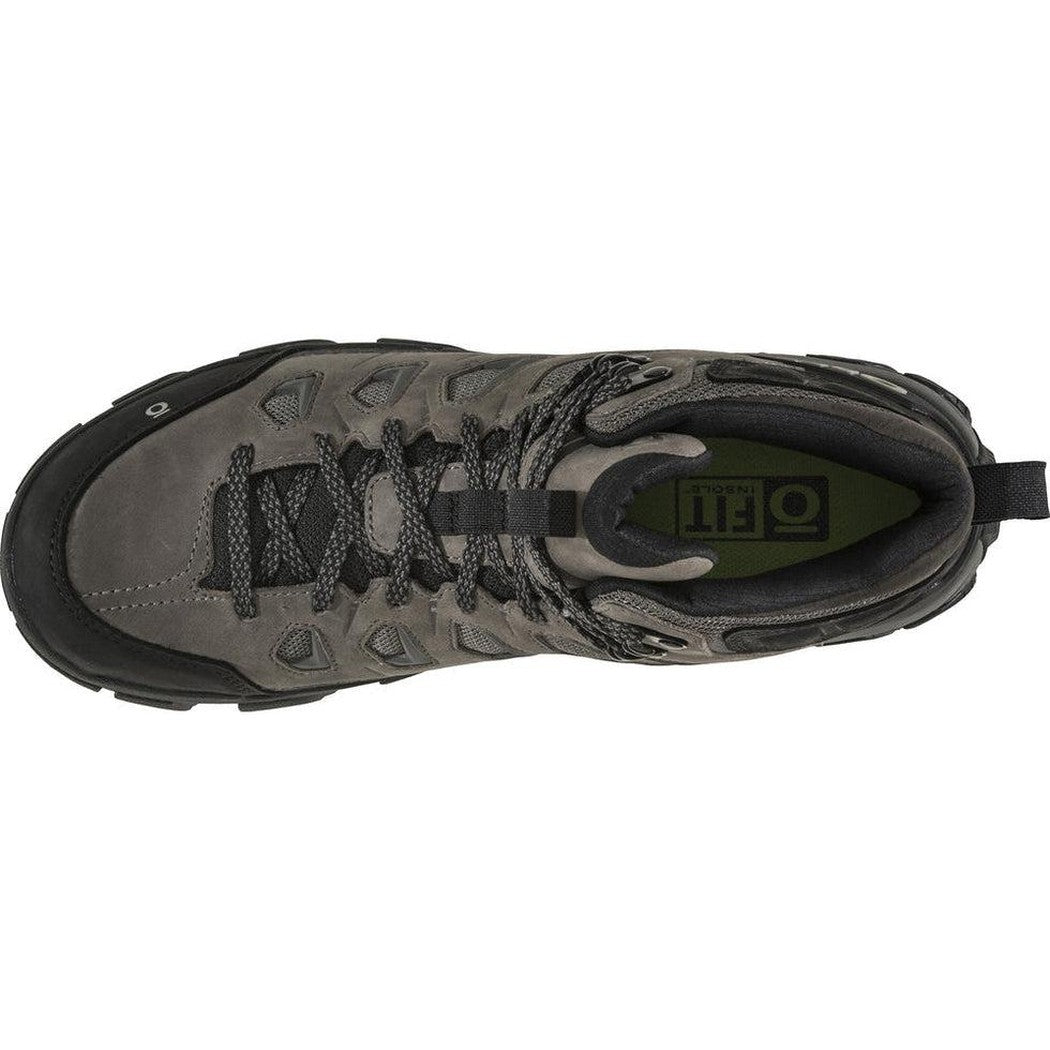 Top view of the Oboz Men's Sawtooth X Mid B-Dry boot in Charcoal showing the lacing system and interior branding against a white background.