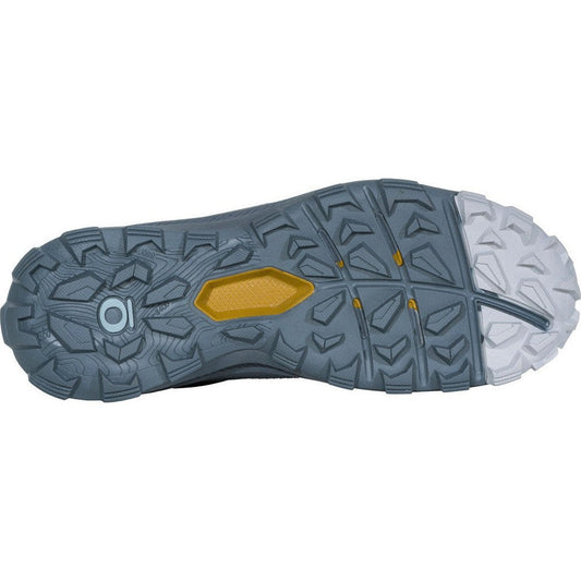 The sole of the Oboz Women's Katabatic Low B-DRY in Glacier color, showing the lugged tread and a yellow midsole insert against a white background.