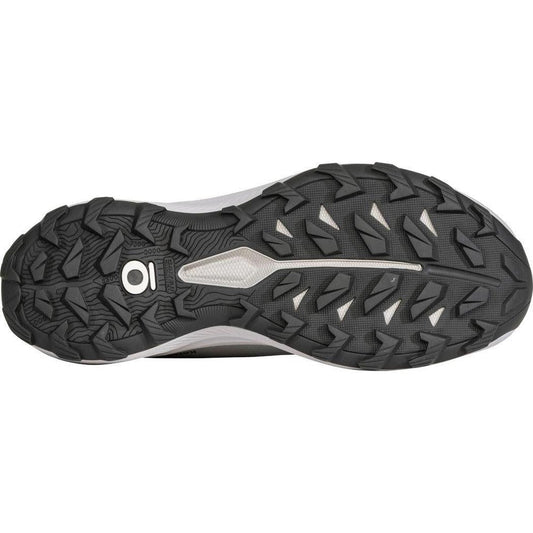 The sole of the Oboz Women's Katabatic LT Low GTX Waterproof shoe in Drizzle is shown from above, displaying the lugged tread pattern and a white midsole accent.